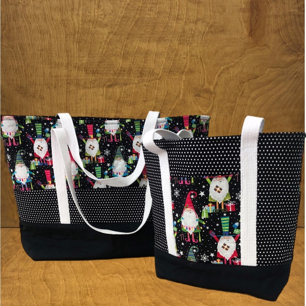 LG Black Whimsical Gnome Tote Bag Pockets Handmade Cotton Canvas Reusable Gift